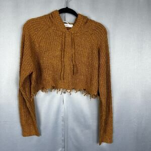Womens Anthropologie Talulah Chunky Knit Cropped Hood Distressed Gold Sweater S